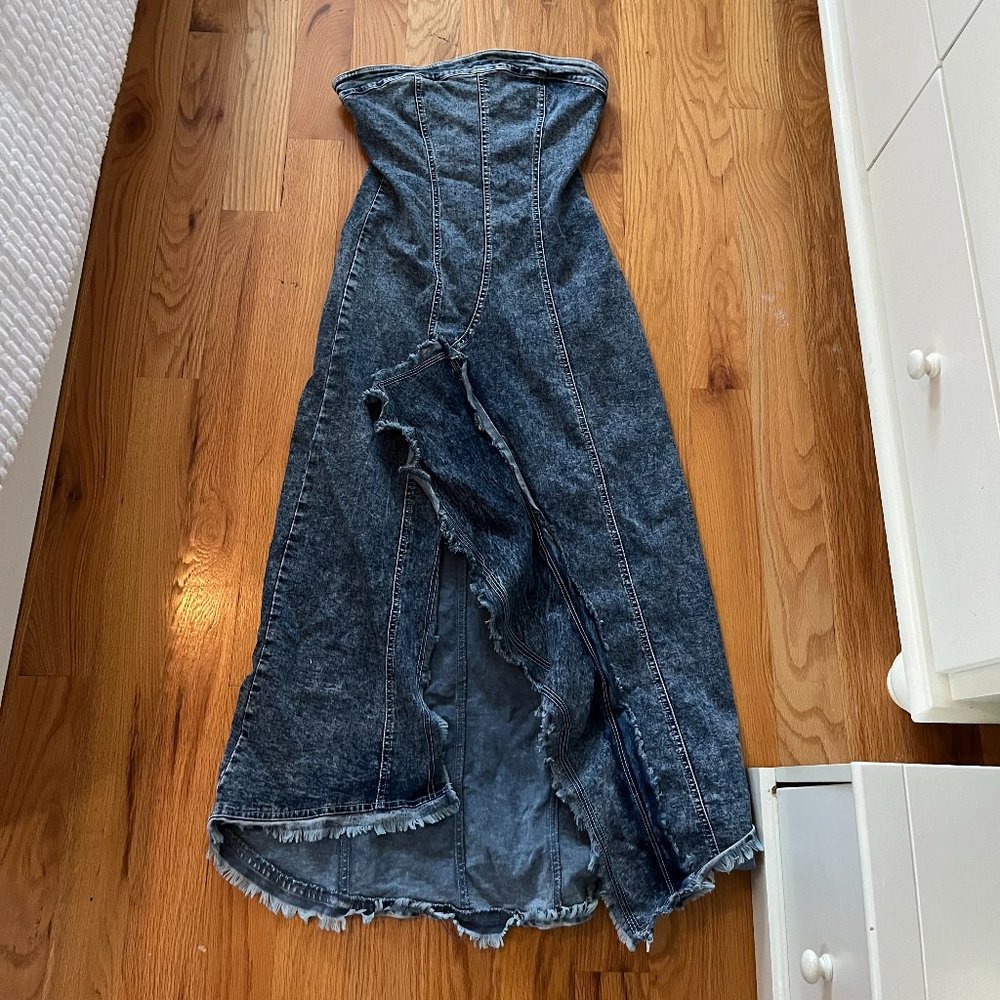 Urban Outfitters Strapless Denim Dress with Ruffle Slit